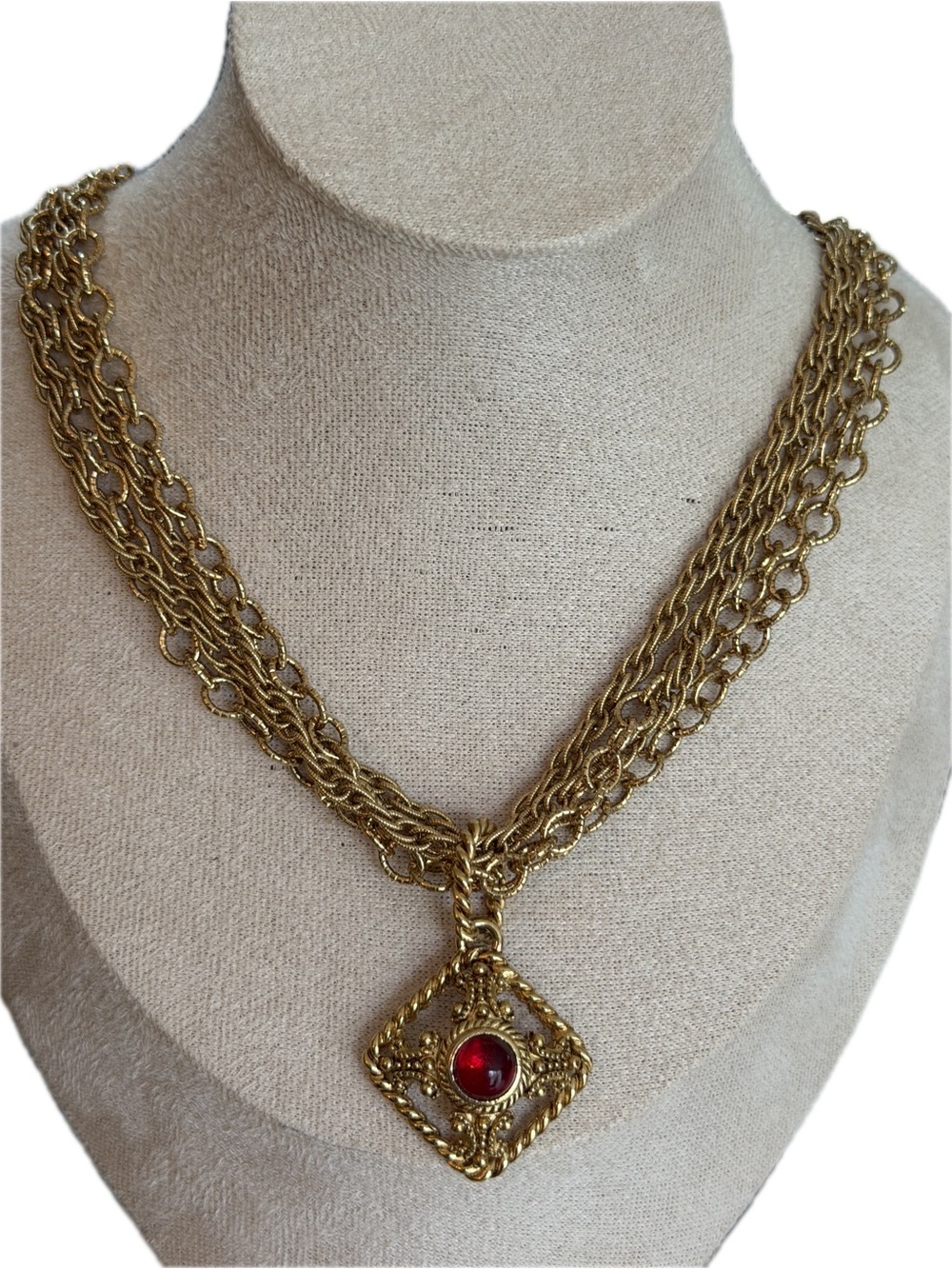 Givenchy Vintage Multi Strand Necklace with Red Cabochon Maltese Cross Pendant
